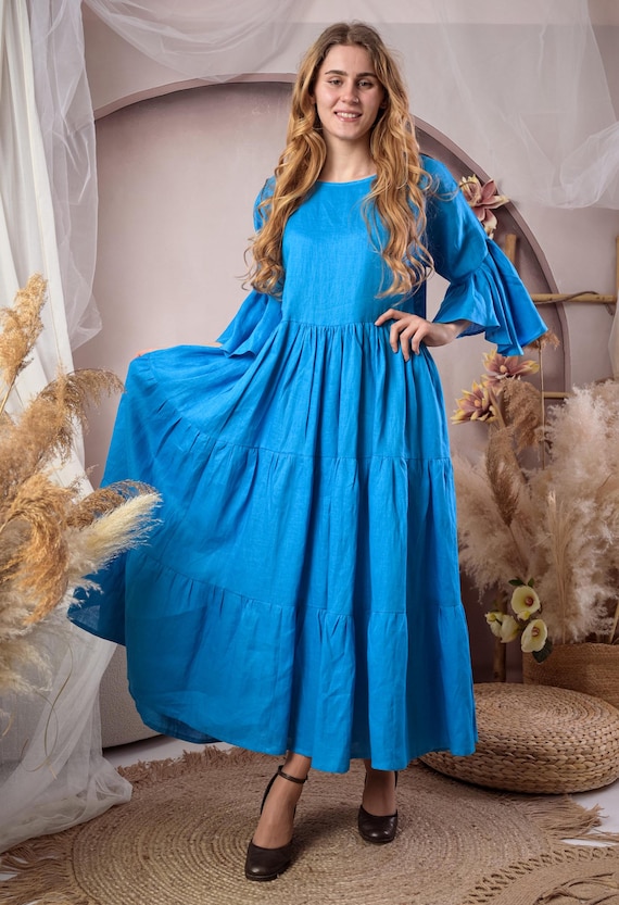 chinese dress ladies Soft V-Neck Cobalt Blue Linen Dress – grizas.com main image 1