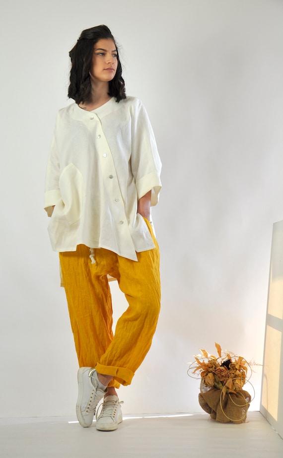 Linen Outfit for Women, Linen Set, Linen Tunic and Pants, Women Linen Set,  Wide Leg Pants Set, Ivory Shirt , Mustard Pants, Summer Outfit 