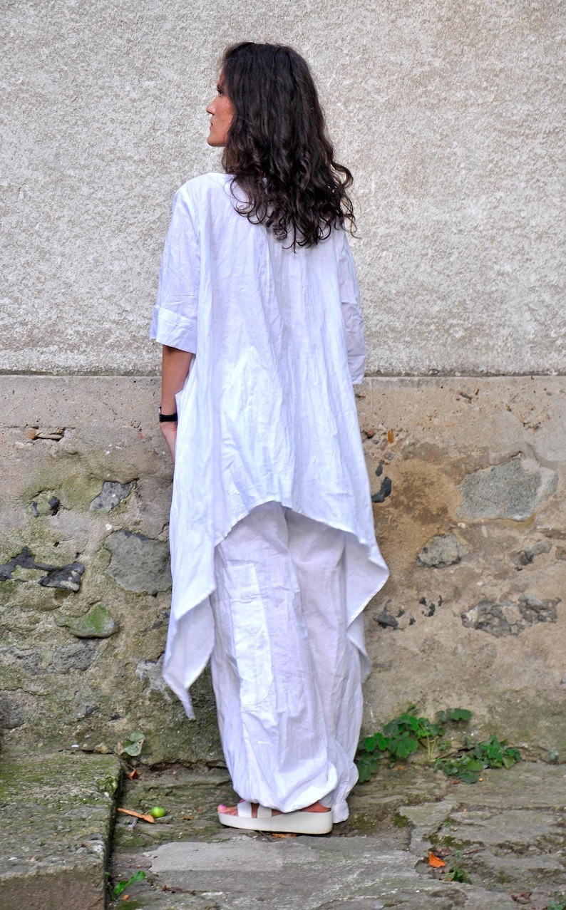 Boho Linen Set, White Asymmetrical Tunic and Relaxed Pants for Summer image 10