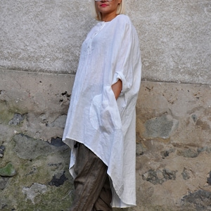 Tunique en lin, Vêtements grande taille, Vêtements en lin, Tunique femme, Tunique chemise, Tunique oversize, Tunique blanche, Chemise en lin blanche, Tunique asymétrique image 5