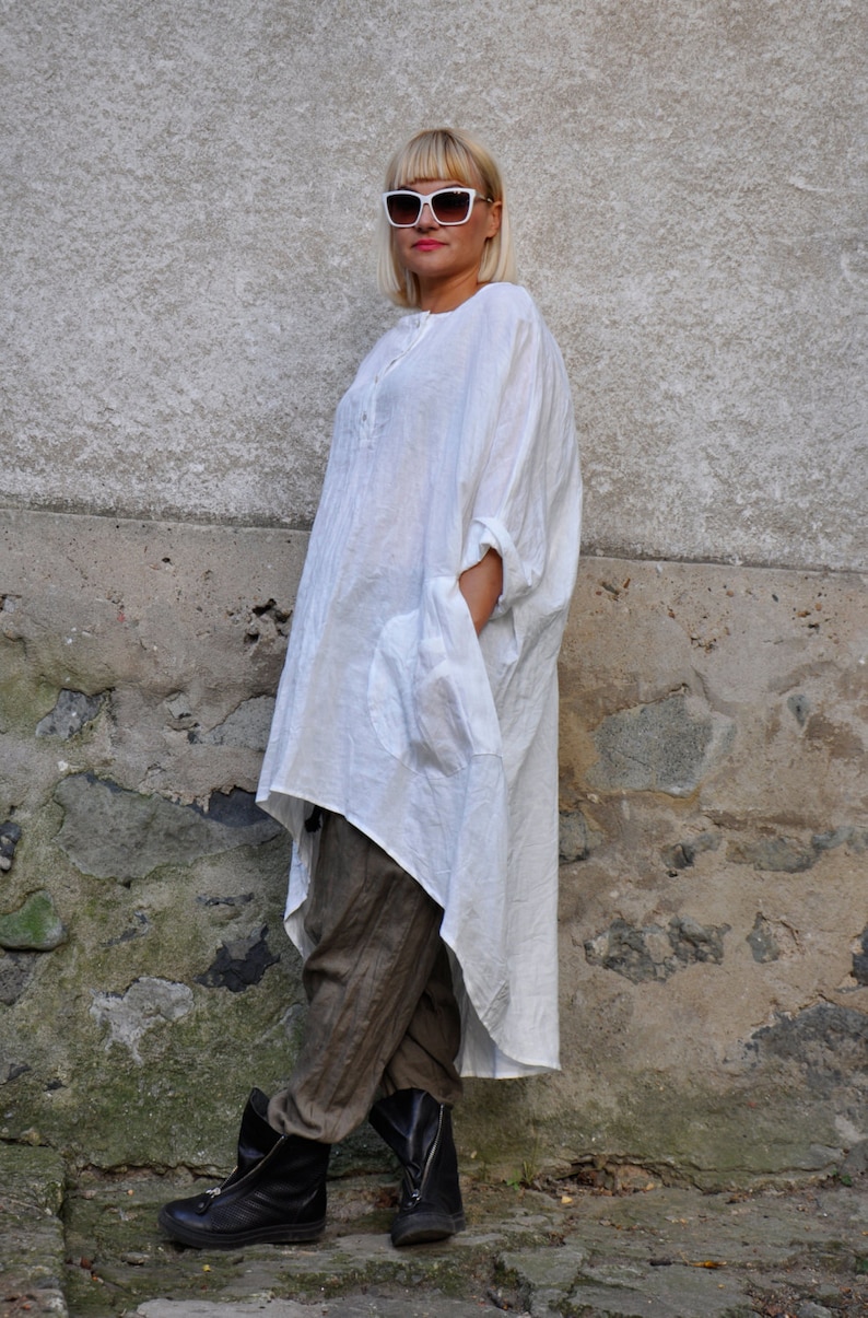 Tunique en lin, Vêtements grande taille, Vêtements en lin, Tunique femme, Tunique chemise, Tunique oversize, Tunique blanche, Chemise en lin blanche, Tunique asymétrique image 5