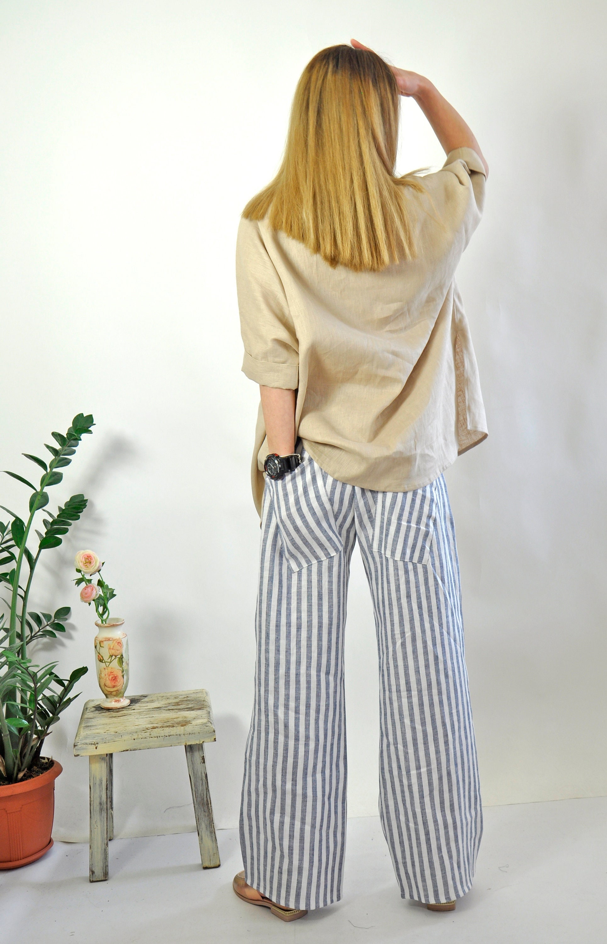 Wide Legged Linen Trousers With Belt and Pockets, High