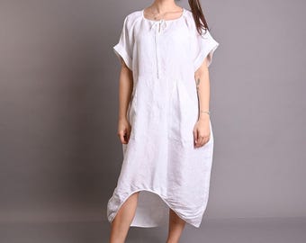 Vestido de lino blanco, bajo globo, escote con lazo delantero y bolsillos, túnica de verano extragrande.