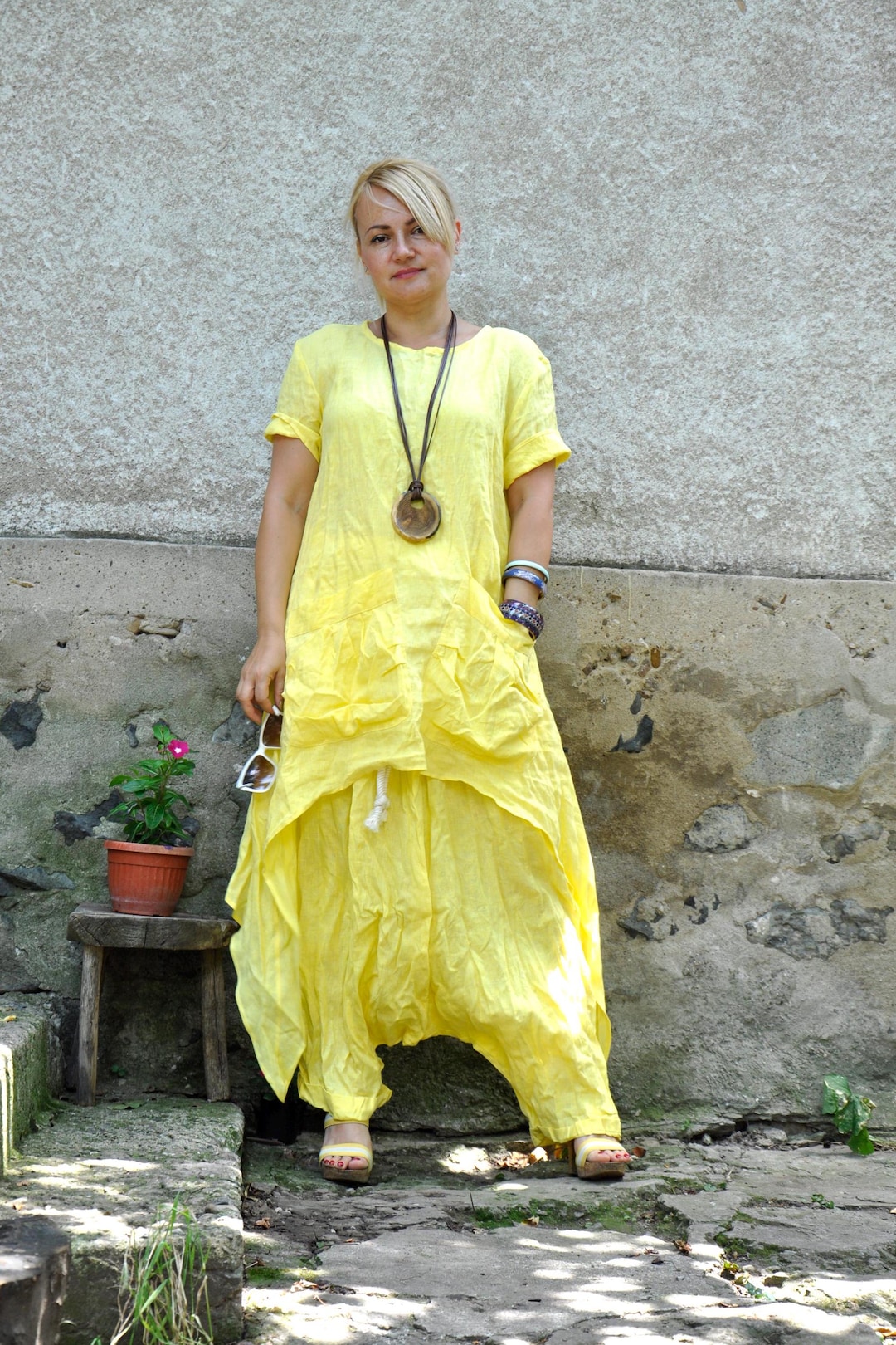 handmade-yellow-linen-tunic-and-pants-set-women-s-plus-size-outfit-etsy