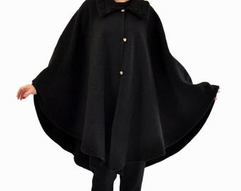 Black Wool Cape Coat, Handmade Cloak with Collar, Mid-Length Wool Wrap, Elegant Fall Outerwear, Boho Cape for Women, Wool Fall Poncho Coat