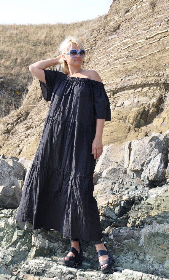 Airy Summer Cotton Dress with Ruffles – Off Shoulder Dress with Elastic Neckline for Vacation and Everyday Wear