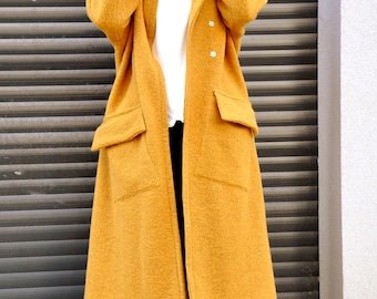 Mustard Wool Coat, Long Winter Outerwear with Viscose Lining