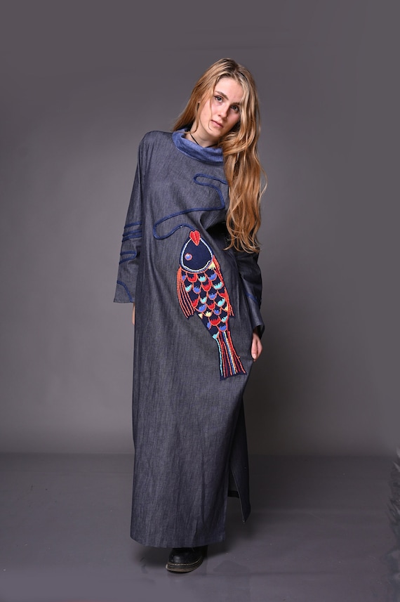 Embroidered Denim Dress, Long Boho Denim Dress With Hand Embroidery, Unique Bohemian Maxi Dress With Linen Collar, One of a Kind Design