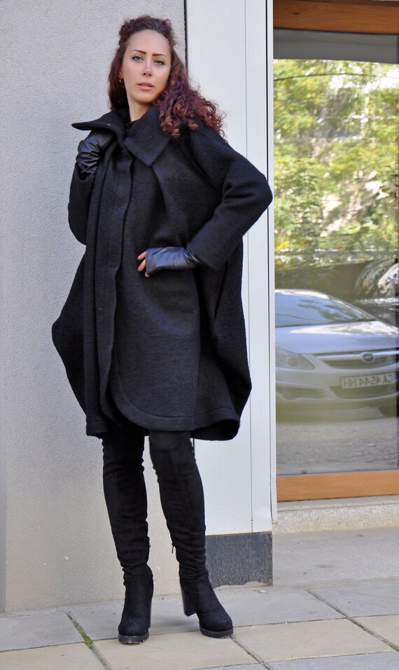 boiled wool black coat
