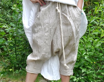 Natural Linen Harem Pants, Loose Fit Beige Trousers with Elastic Waist, Boho Minimalist Unisex Style, Linen Capri Pants, Drop Crotch Pants