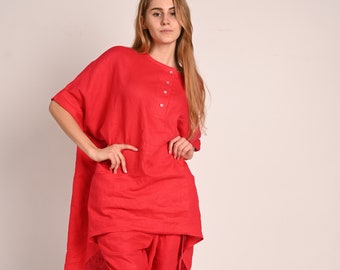 Red Linen Long Tunic Shirt, Red Asymmetric Tunic, Red Linen Tunic, Plus Size Clothing, Red Linen Shirt, Plus Size Linen, Oversized Gabyga