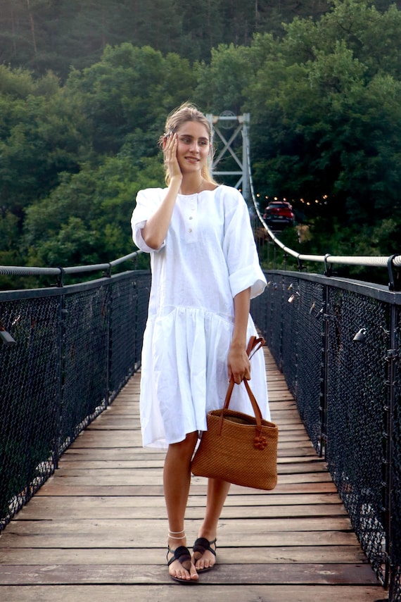 White 100% Linen Tunic Dress, Casual Linen Dress, Summer Midi