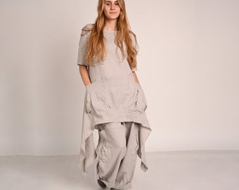 Linen Tunic And Pants Set, Gray Summer Linen Outfit For Women, Bohemian Linen Set, Beach Linen Suit, Linen Clothing, Wide Leg Linen Outfit