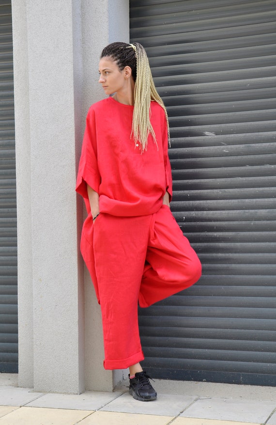 Linen Pants Set, Women Linen Outfit, Red Summer Outfit, Linen Clothing, Plus  Size Linen Set, Oversize Linen Set, Casual Linen Outfit 