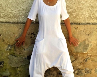 Harem Jumpsuit, White Cotton Boho Romper with 3/4 Sleeves