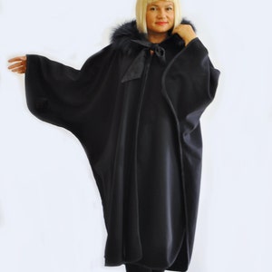 Black Wool Cape, Wool Winter Coat, Black Wool Coat, Plus Size Clothing, Hooded Coat, Fur Fox Coat, Wool Cloak, Winter Cloak, Gothic Coat image 5