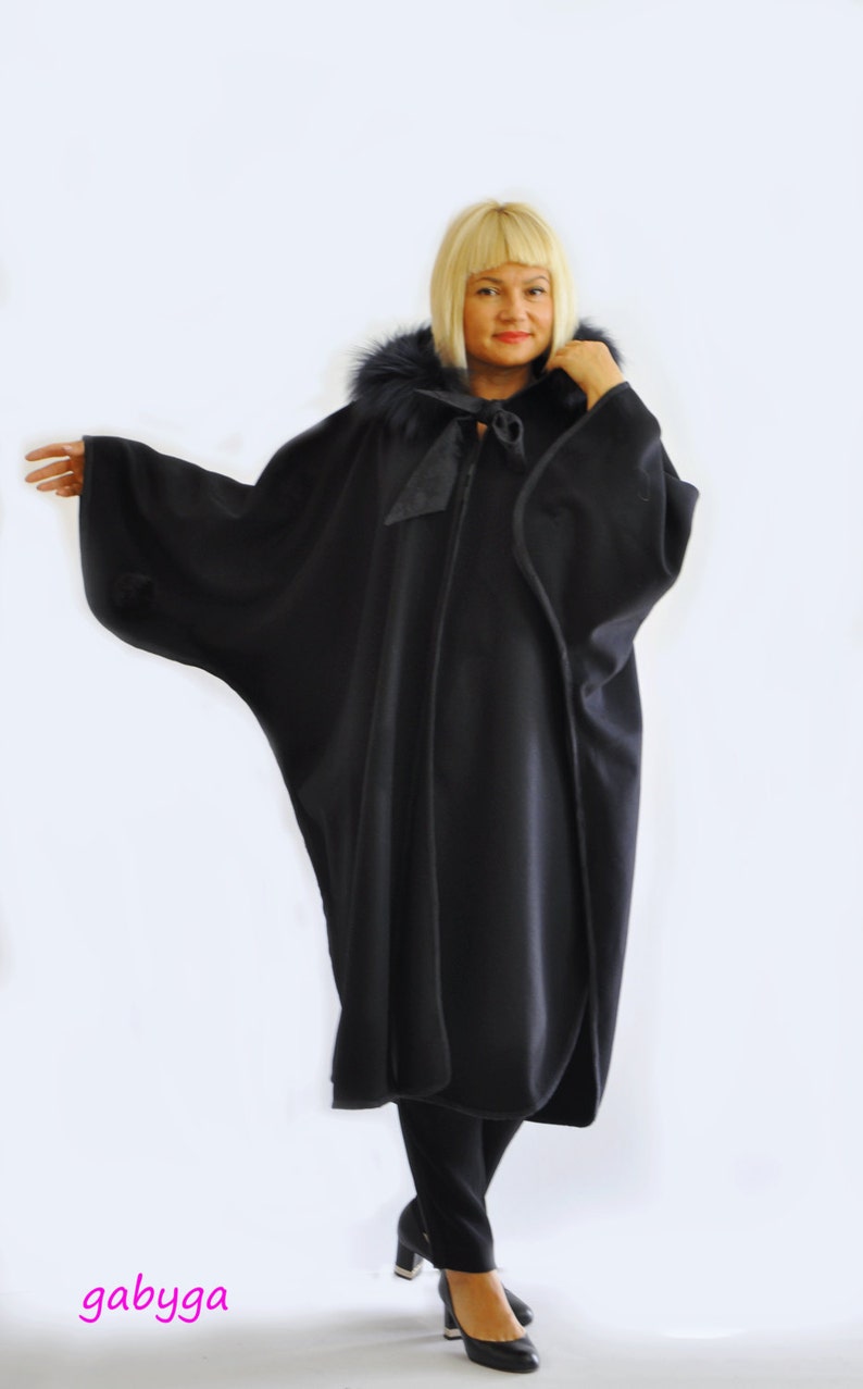 Black Wool Cape, Wool Winter Coat, Black Wool Coat, Plus Size Clothing, Hooded Coat, Fur Fox Coat, Wool Cloak, Winter Cloak, Gothic Coat image 5