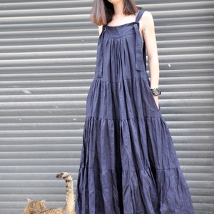 Linen Maxi Dress, Long Pinafore Dress, Plus Size Linen Dress, Linen Wedding Dress, Navy Blue Dress, Linen Kaftan Dress, Linen Clothing image 8