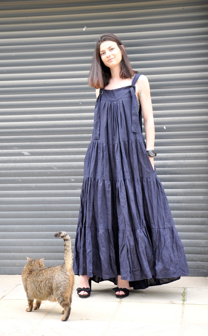 Linen Maxi Dress, Long Pinafore Dress, Plus Size Linen Dress, Linen Wedding Dress, Navy Blue Dress, Linen Kaftan Dress, Linen Clothing image 8