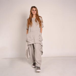 Boho Linen Set, White Asymmetrical Tunic and Relaxed Pants for Summer image 6