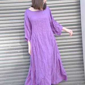 Purple Linen Maxi Dress – Loose Natural Linen Dress with Boat Neck, Wide Sleeves and Pockets image 7