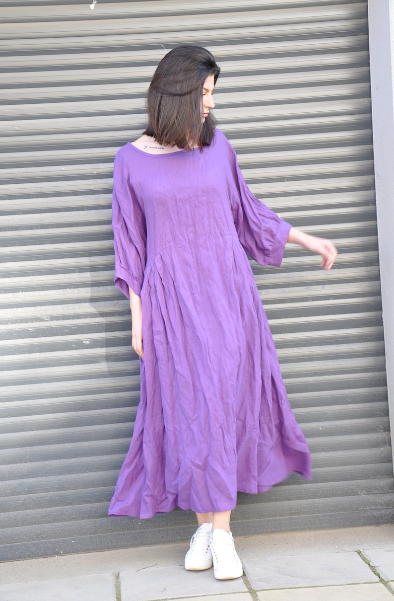 Purple Linen Maxi Dress – Loose Natural Linen Dress with Boat Neck, Wide Sleeves and Pockets image 7
