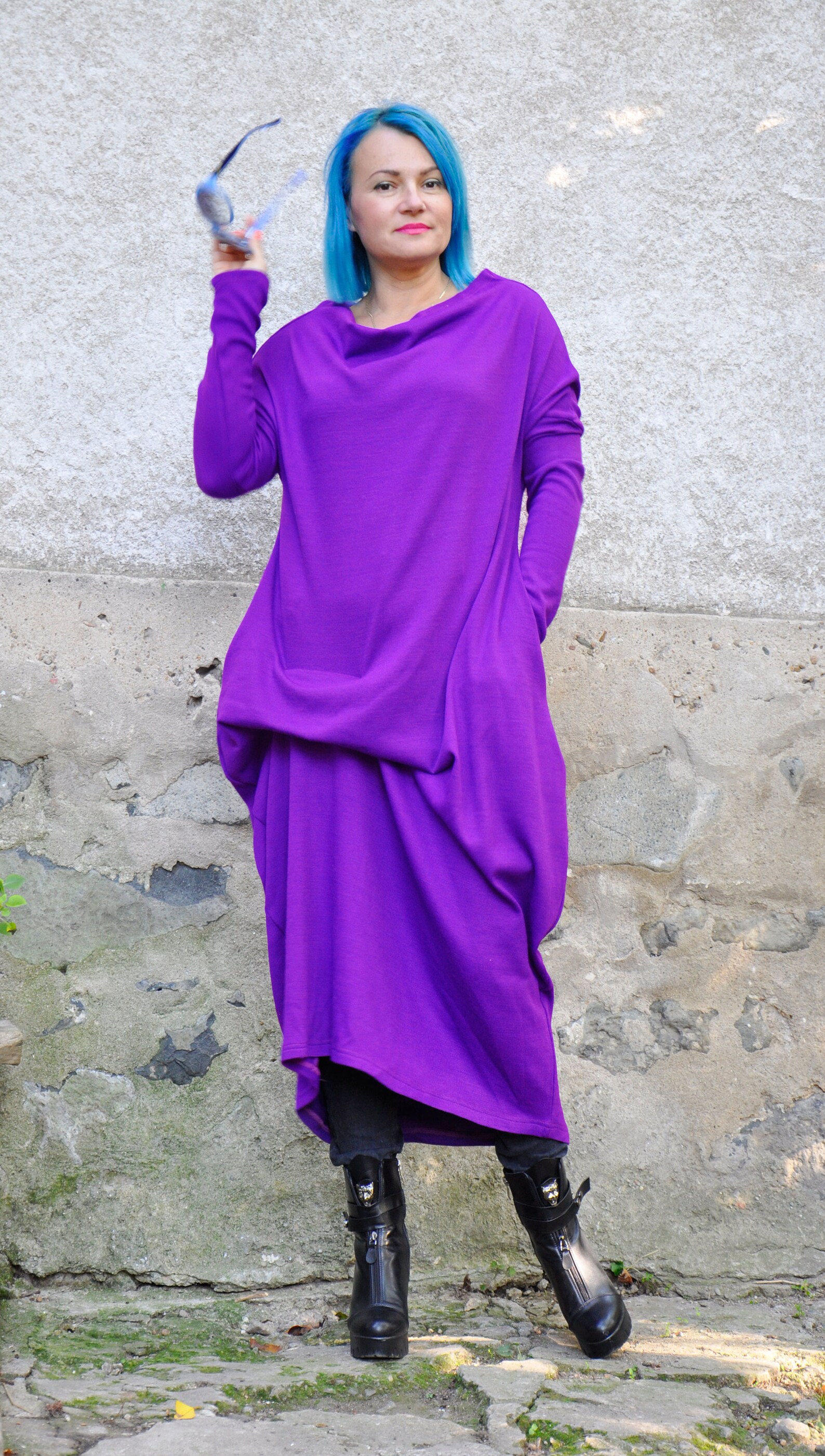 Purple wool tunic/Maxi tunic dress/Wool Lycra long dress/Plus Etsy