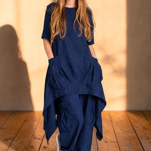 Boho Linen Set, White Asymmetrical Tunic and Relaxed Pants for Summer Navy blue
