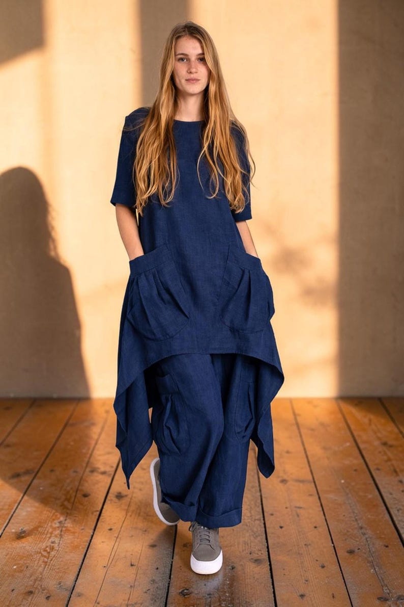 Boho Linen Set, White Asymmetrical Tunic and Relaxed Pants for Summer Navy blue