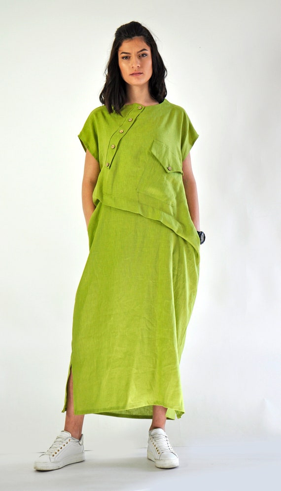 Asymmetrical Light Green Linen Dress with Slanted Closure, Dropped Sleeve, Slanted Pocket and Side Slits, Minimalist Linen Dress, Gabyga