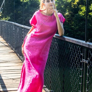Fuchsia Linen Maxi Dress with Side Slits, Asymmetrical Boat Neck, Loose Fit, Summer Dress with Pockets, Boho Natural Style, Natural Linen