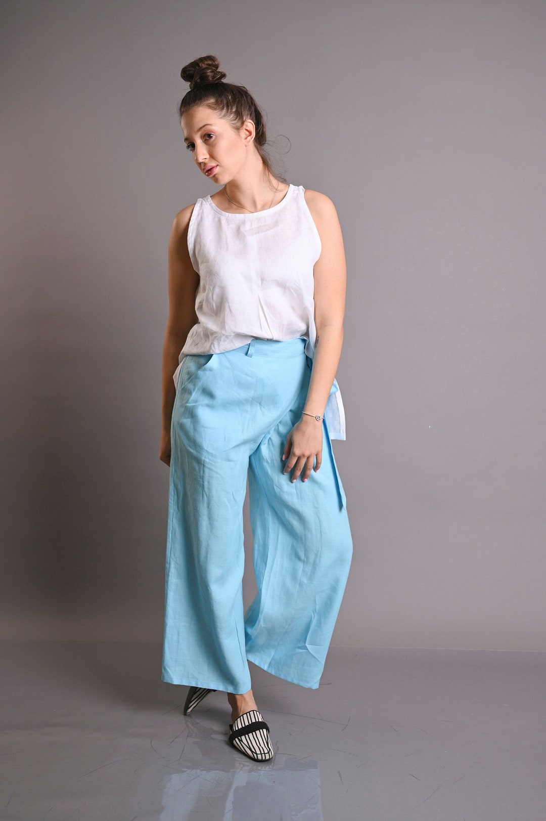 Natural Linen Blue Pants Turquoise Pants Summer Linen Pants Etsy