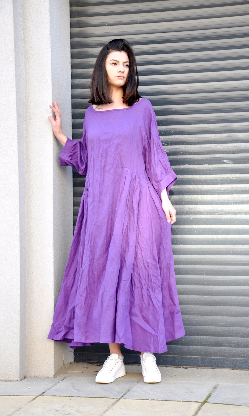 Purple Linen Maxi Dress – Loose Natural Linen Dress with Boat Neck, Wide Sleeves and Pockets image 6