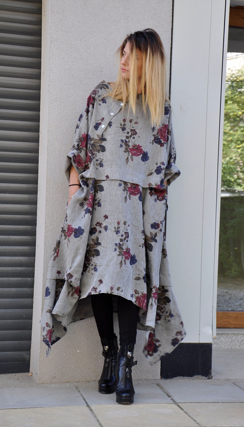 NEW autumn Floral DressMaxi Linen DressHandmade dressPlus Size Asymmetric DressDress with PocketsLinen caftanWoman Party dressD1887