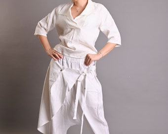 White Linen Tunic And Pants Set, Summer Linen Set, White Harem Pants Set, Linen Clothes, Suit In Linen, Loose White Outfit, Linen Costume