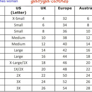 May include: A women's clothing size chart, showing conversions between US/Canada, US letter sizes, UK, Europe, Australia, and Japan. Sizes range from US 2 to 24, with corresponding UK, European, Australian, and Japanese sizes.