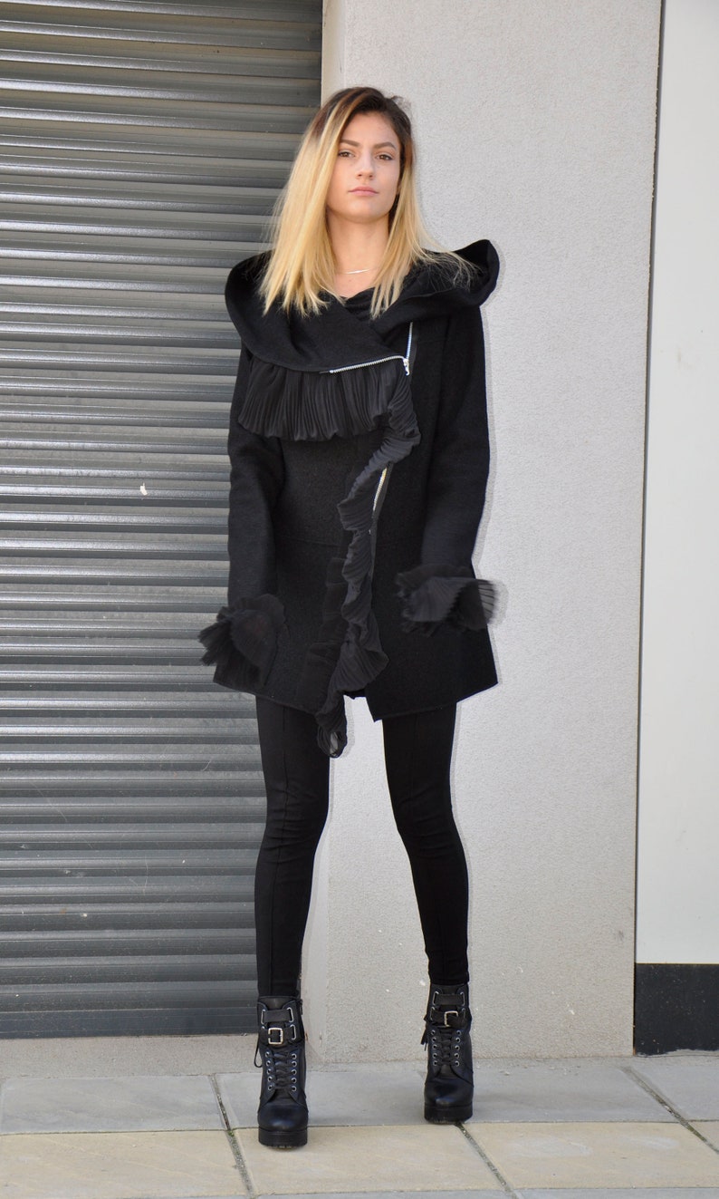 New Black Exstravagant Jacket Extra long sleevess Handmade coat Wool 100/% coatAutumn winter Zipped JacketHooded jacketWoman vestJ1873