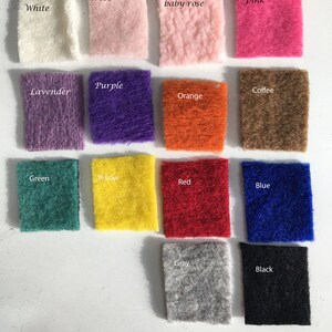 May include: A collection of 14 fabric swatches in various colours, including white, rose, baby rose, pink, lavender, purple, orange, coffee, green, yellow, red, blue, grey, and black.