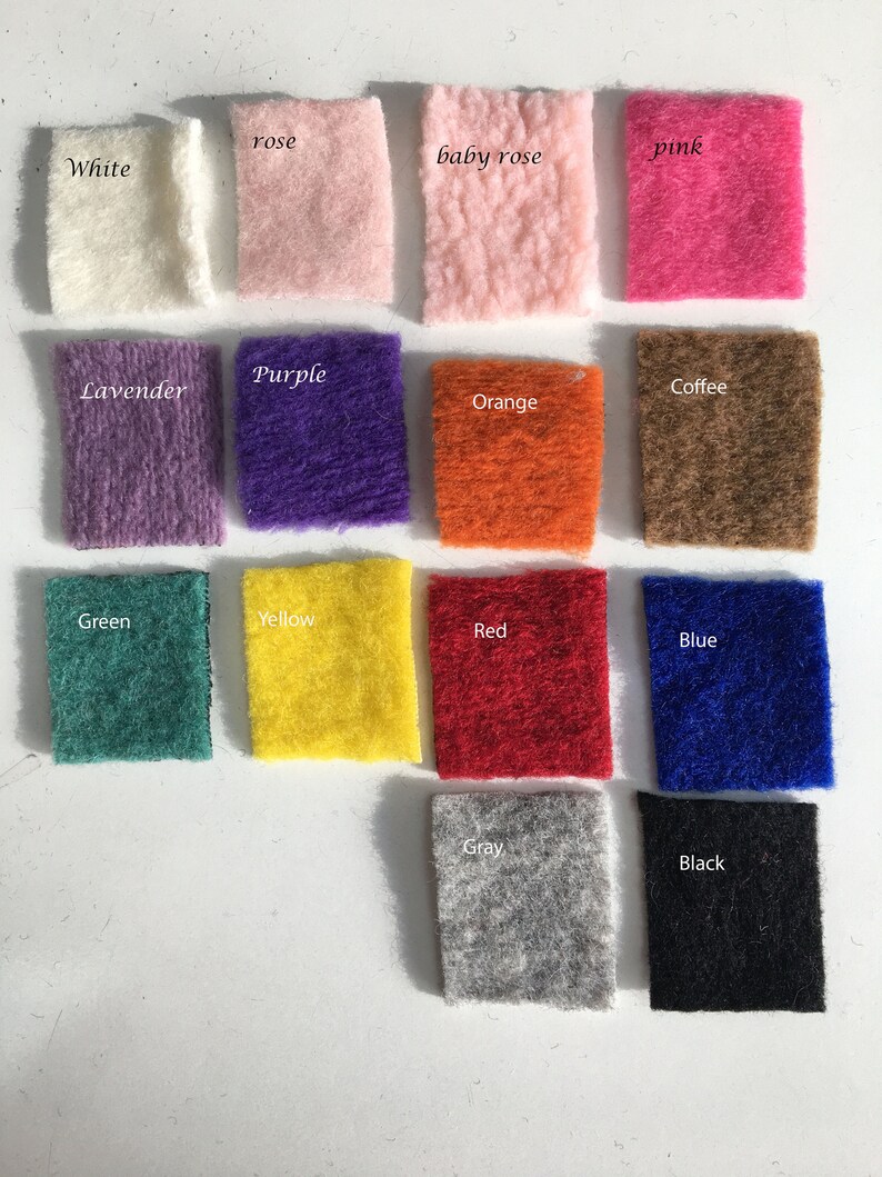May include: A collection of 14 fabric swatches in various colours, including white, rose, baby rose, pink, lavender, purple, orange, coffee, green, yellow, red, blue, grey, and black.