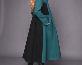 Merino Wool Patchwork Coat, Long Winter Outerwear with Viscose Lining