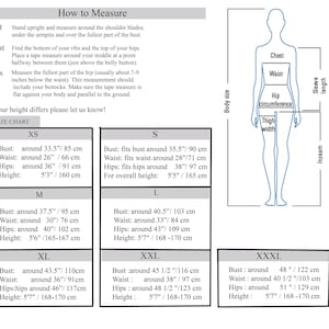 A sizing chart infographic with instructions on how to measure bust, waist, and hips, alongside body measurements for sizes XS through XXXL.