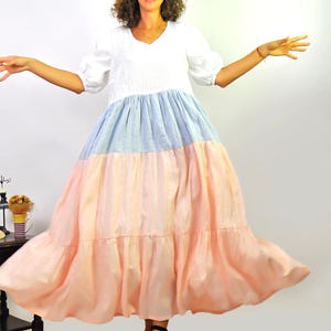 Unique Linen Floor Length Multicolor Dress, Modern Plus Size Kaftan, Casual Flounce Dress, Oversized Linen Dress, Vintage Inspired Kaftan