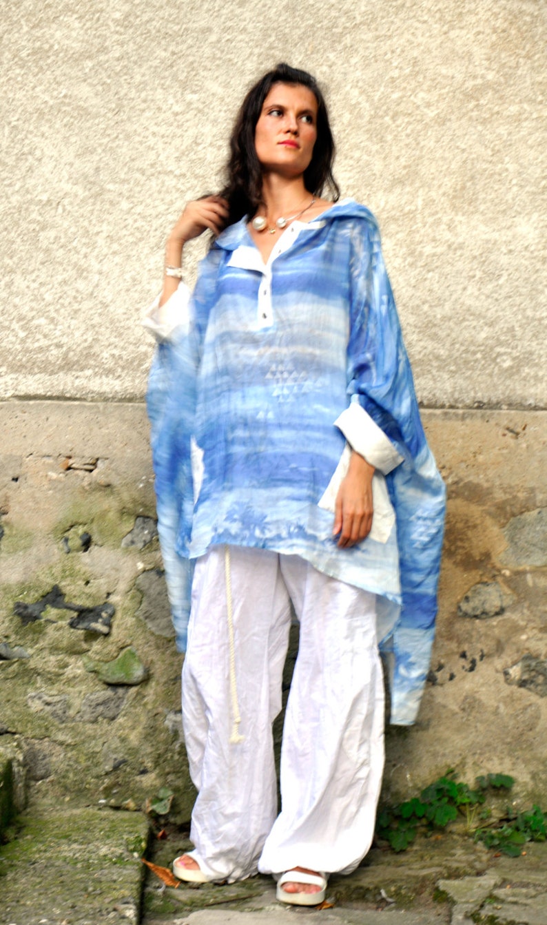Linen SETWhite loose pants and blue cotton silk tunicmaxi setWoman summer plus size tunic and pantsLinen pantsBlue maxi tunicS0240