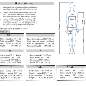 May include: Size chart with measurements for bust, waist, and hips in inches and centimeters. Includes instructions on how to measure and a diagram of a body with measurement points. Sizes range from XS to XXXL.