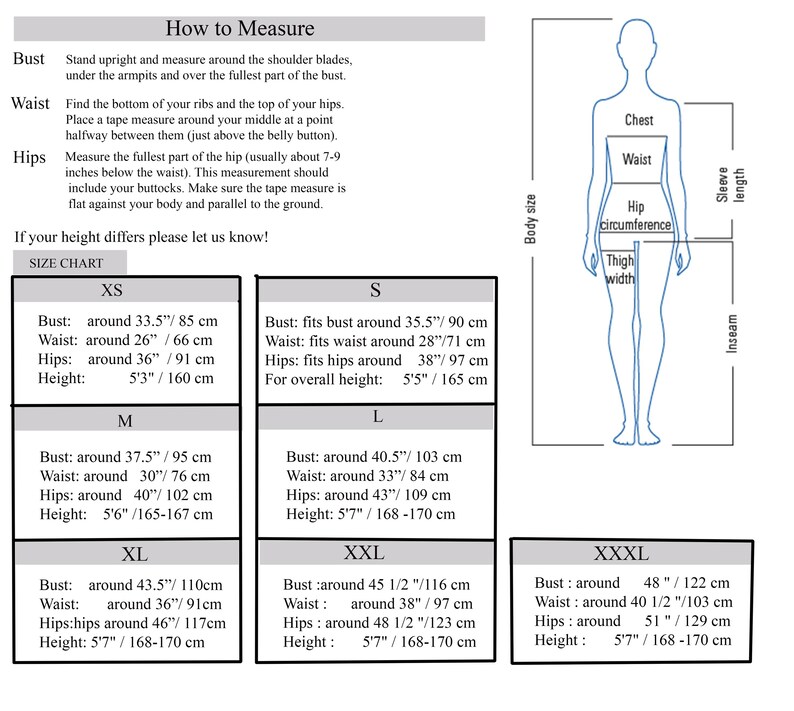 May include: Size chart with measurements for bust, waist, and hips in inches and centimeters. Includes instructions on how to measure and a diagram of a body with measurement points. Sizes range from XS to XXXL.