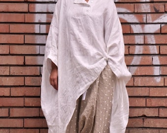 Plus Size Tunic, Oversized White Linen Maxi Shirt with Asymmetric Design