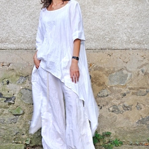 Boho Linen Set, White Asymmetrical Tunic and Relaxed Pants for Summer White