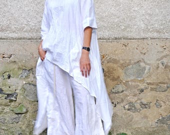 Boho Leinen Set, weiße asymmetrische Tunika und entspannte Hose für den Sommer