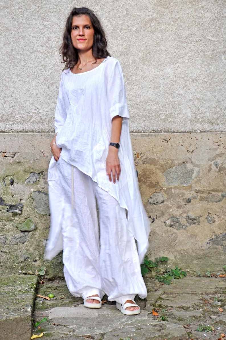 Boho Linen Set, White Asymmetrical Tunic and Relaxed Pants for Summer White