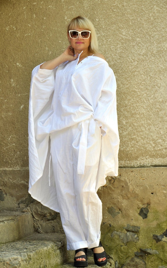White 100% LINEN tunic/Woman extravagant caftan/Summer Maxi | Etsy